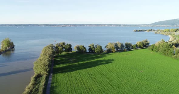 Aerial view of Lake constance shoreline near Arbon, Switzerland.