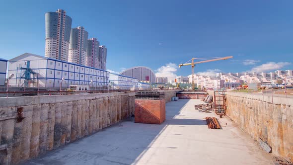 A Large Huge Ditch Pit Tunnel Timelapse at the Construction Site of the Underground Metro Station