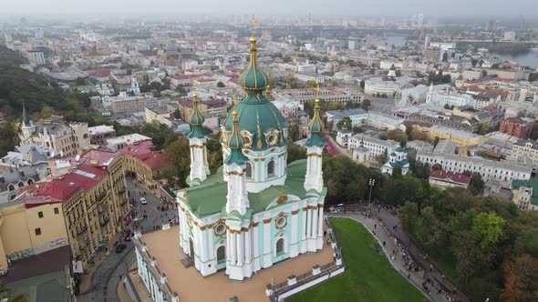 Kyiv, Ukraine Aerial View in Autumn : St. Andrew's Church. Kiev