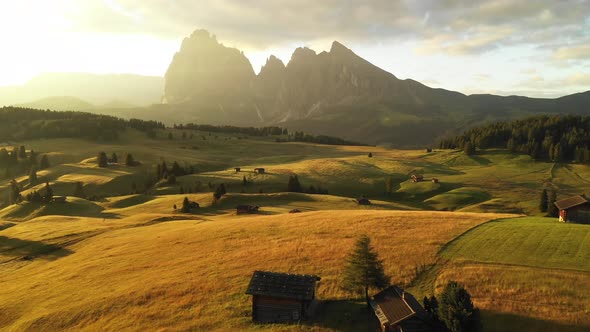 Aerial video of the sunrise in the Dolomites mountains