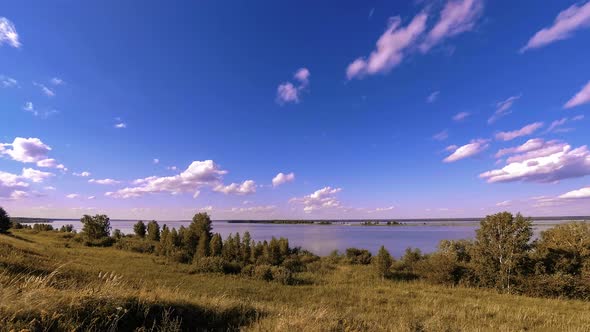 Ocean Bank and Grass Meadow Timelapse at the Summer or Autumn Time. Wild Nature, Sea Coast and Rural