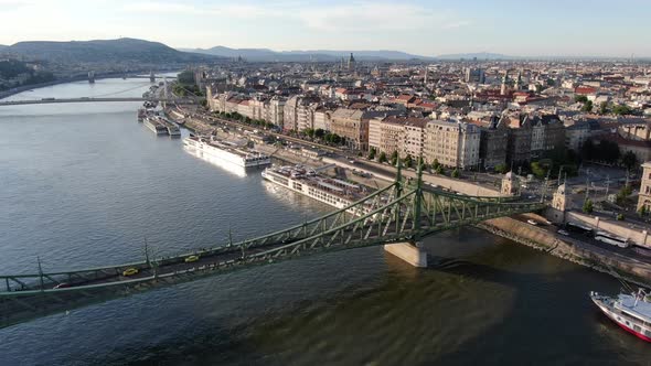 Aerial shot of Liberty bridge on Danube river in Budapest, Hungary