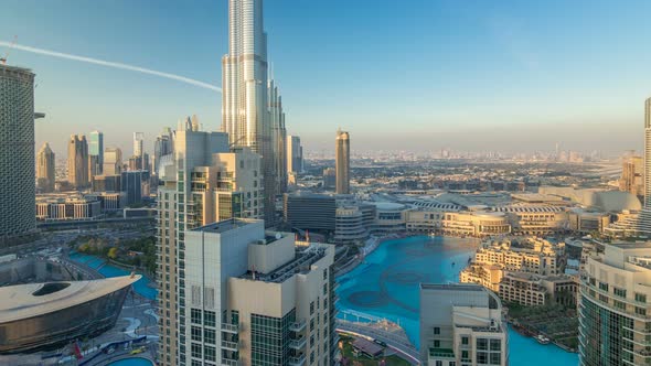 Dubai Downtown in the Evening Timelapse in Bright Yellow Sunset Light