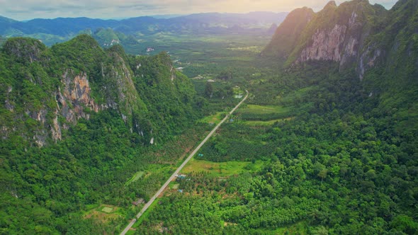 Drone are flying over the road and mountains