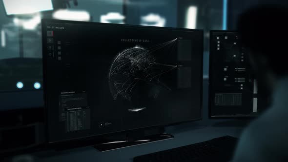 Intelligence Agency Spy Analyzing Global Map In Computer To Locate Hacker Threat alt