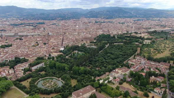 Flying over Boboli gardens in Florence, Tuscany, Italy, Europe