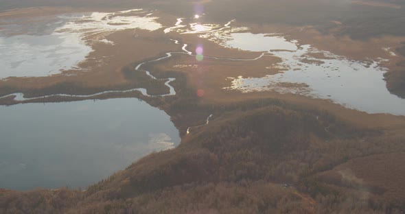 Helicopter aerial shot of small plane flying over dead Alaskan forest trees, drone