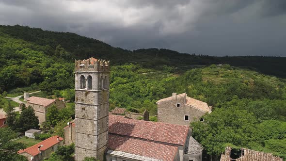 Aerial view of small historical hilltop town in the region of Istria, Croatia