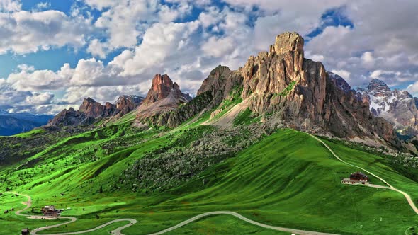 Passo Giau in Dolomites in autumn, aerial view, Italy