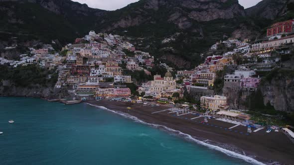 Positano Spiaggia Beach on Blue Hour with Lights, Aerial View