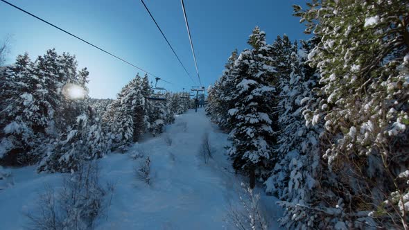 Riding Ski Chair Lift Through Snowy Forest