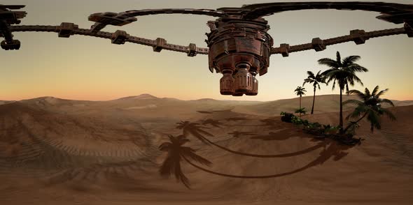 VR 360 Alien Spaceship Rotate Over Desert. Ufo