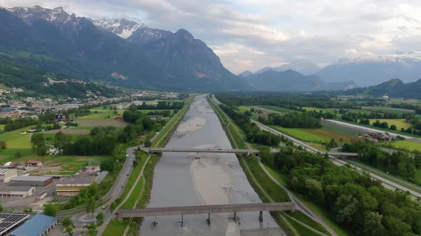 Aerial view of Rhine river on the border between Switzerland and Liechtenstein