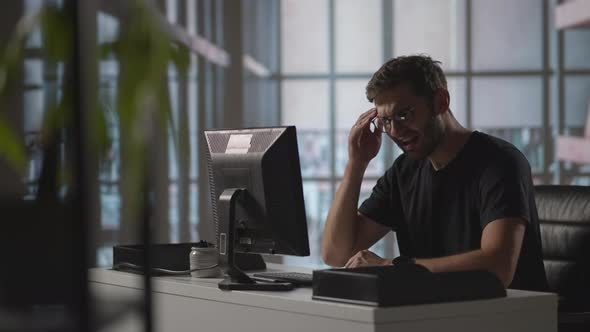 Man Sit Indoor Closed Eyes Rub Temples Suffering From Headache