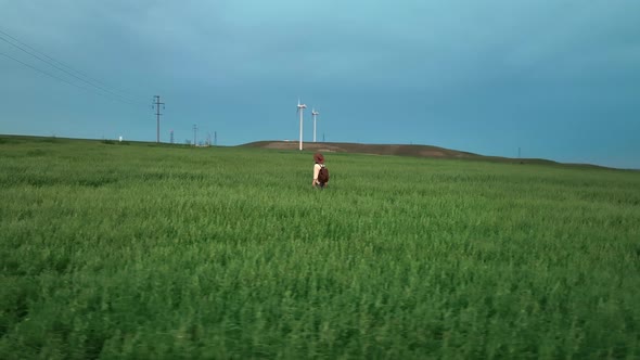 Young woman in a hat walking in a field with windmills view