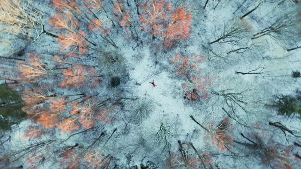 Person In Red Coat Lies On Snow During Winter In Ekeberg Park, Oslo, Norway. - aerial orbit descend