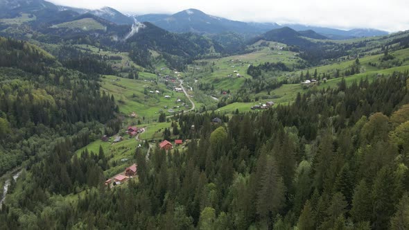 Ukraine, Carpathian Mountains: Village in the Mountains. Aerial