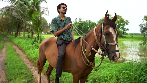 Young handsome man with brown horse. man riding horse