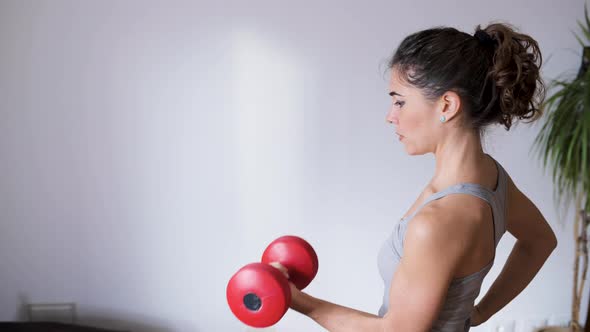 Strong sportswoman exercising with dumbbell on gray background