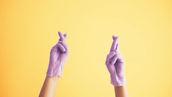 Woman's Hands in Medical Protective Latex Gloves Praying with Crossed Fingers 