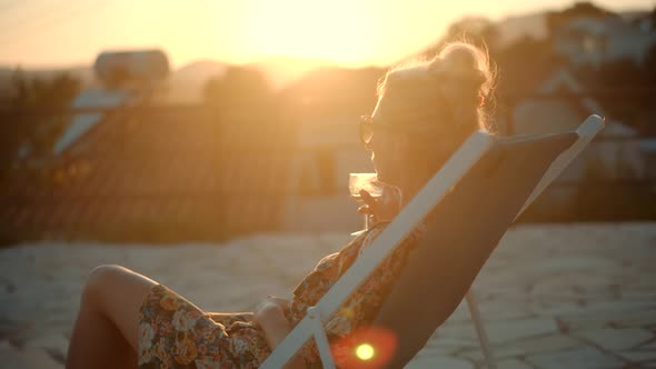 Woman Celebrating On Vacation On Kerkyra. Idyllic Leisure Epic Sunset Oh Holidays. Weekend On Greece