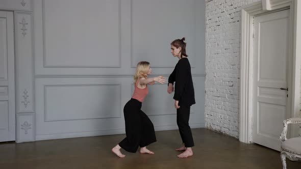 Two Dancers are Practicing New Modern Dance in Rehearsal Hall Slow Motion