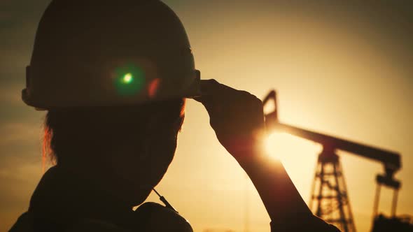 Silhouette Woman Engineer Wearing White Helmet and Work Clothes at Sunset