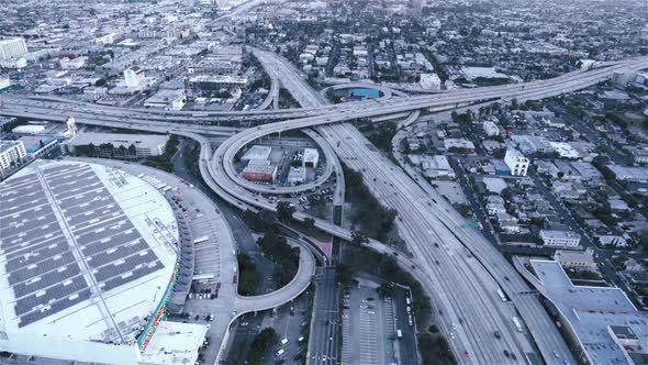 The Highway 10 and 110 at dusk as seen from a helicopter