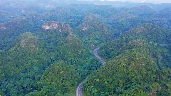Aerial view of narrow winding road surrounded by lush green nature in Los Haitises, Dominican Republ