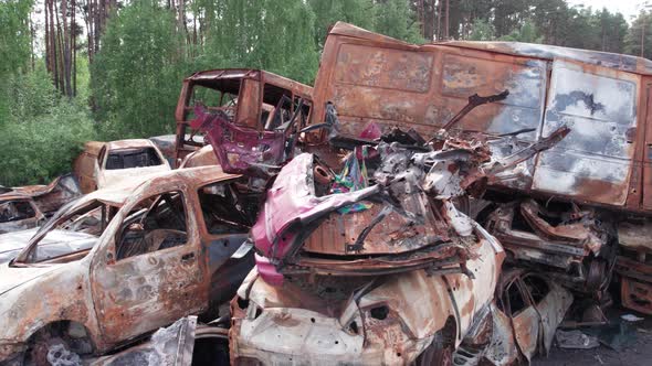 Irpin Bucha District Ukraine a Dump of Shot and Burned Cars