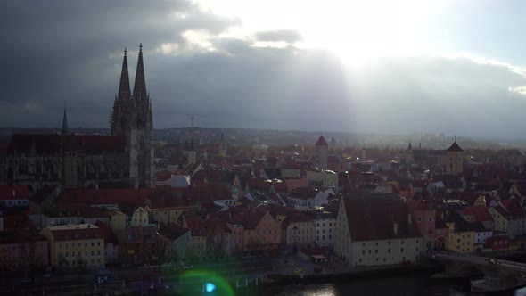 Beautiful drone video above downtown of bavarian Regensburg