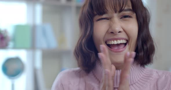 Headshot portrait of cheerfully female excited and smile with happy