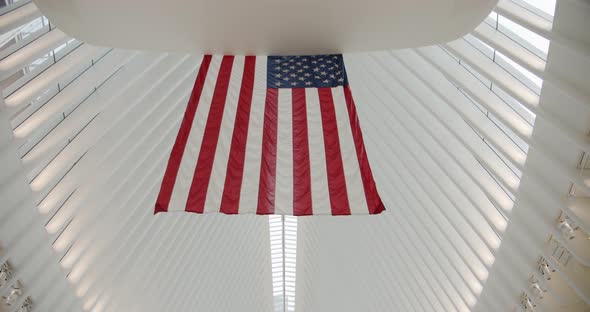 American Flag Against the Background of Westfield Trade Centre Close Up of UNITED STATES Flag.usa