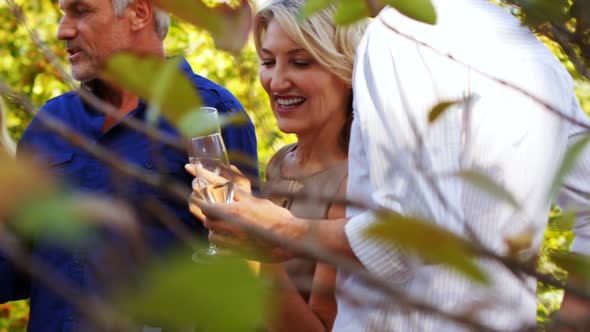 Friends interacting with each other while having champagne in balcony