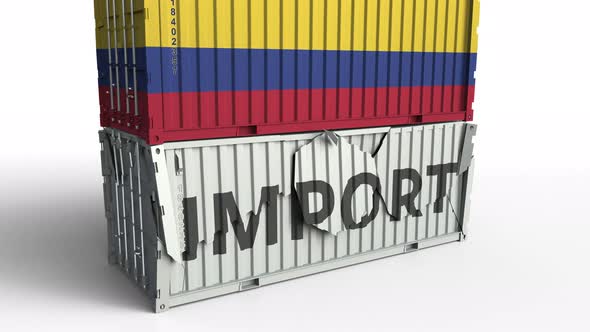 Container with Flag of Colombia Breaks Container with IMPORT Text alt