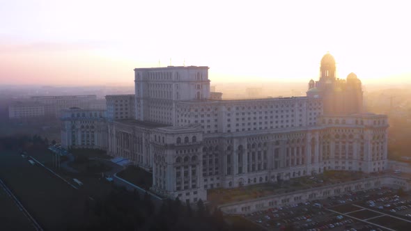 Sunset Drone Shot Of The Palace Of The Parliament in Bucharest, Romania 