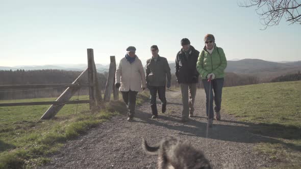 Active Seniors Walking and Chatting in Rural Landscape