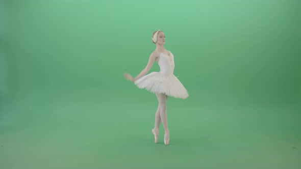 Fashion Snow White Ballet Dancing Girl Showing Swan Lake Dance Isolated On Green Screen