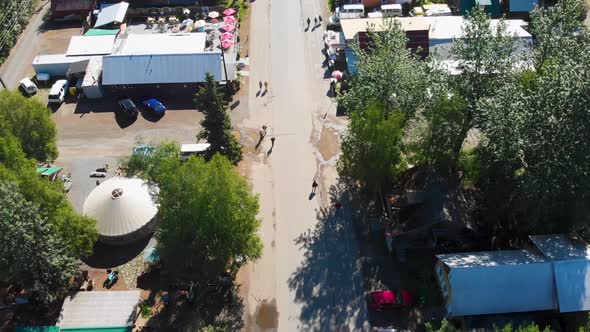 4K Overhead Drone Video of Main Street of Talkeetna, Alaska during Sunny Summer Morning