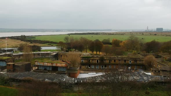 Slow pan shot of Colahouse Fort in Essex, England. Historic artillery fort built to protect the Rive