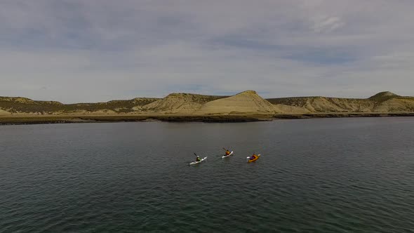 Tourists kayaking along Peninsula Valdes, Chubut Province, Argentina