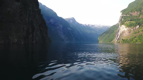 Panoramic drone landscape of Geiranger fjords, Geirangerfjord, Norway