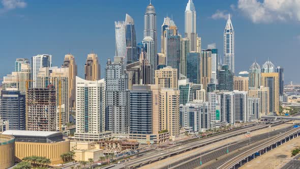 Dubai Marina Skyscrapers Aerial Top View with Clouds From JLT in Dubai Timelapse UAE