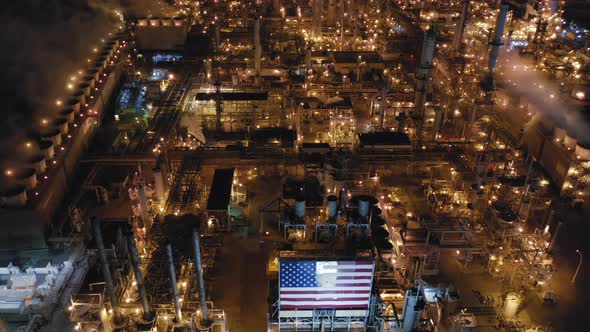 Impressive Aerial View Over the Huge Modern Petroleum Refinery on Its Work at Night. USA alt