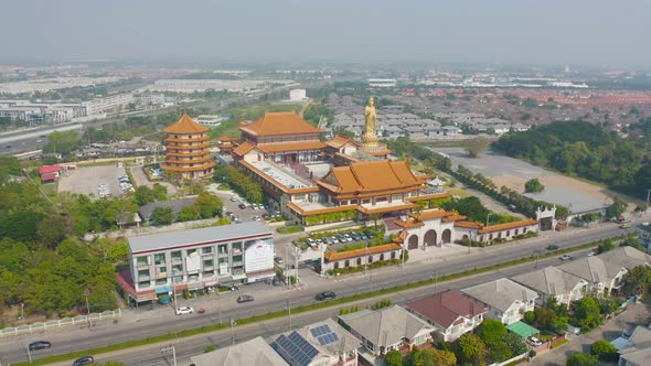 Aerial top view of National Fo Guang Shan Thaihua Temple in Bangkok downtown