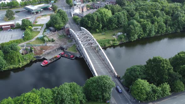 Aerial Birdseye view Wilderspool Manchester ship canal swing bridge Warrington England