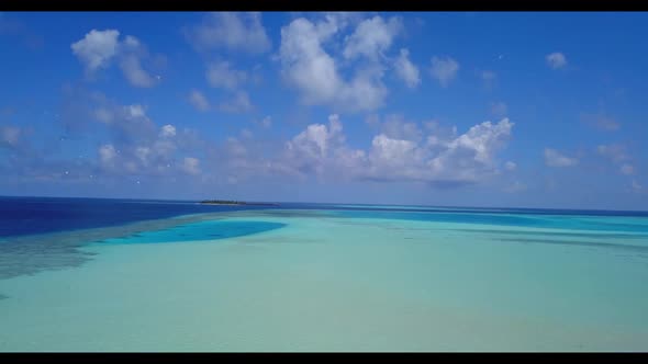 Aerial tourism of perfect bay beach break by clear lagoon with bright sandy background of journey ne
