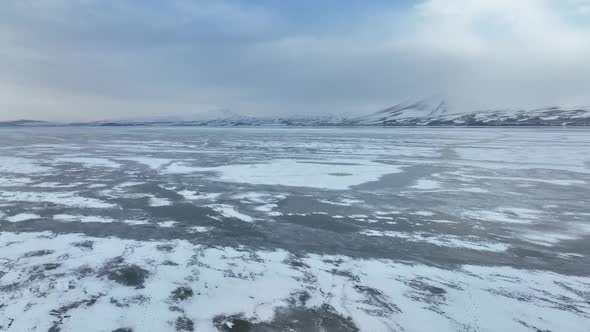 Aerial view of frozen Lake Paravani. The largest lake in Georgia