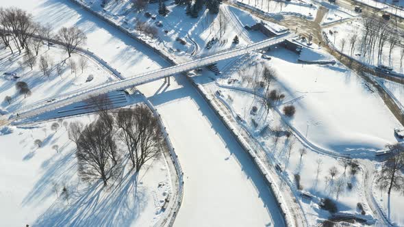 Top View of the Pedestrian Bridge Over the Frozen Svisloch River in Minsk