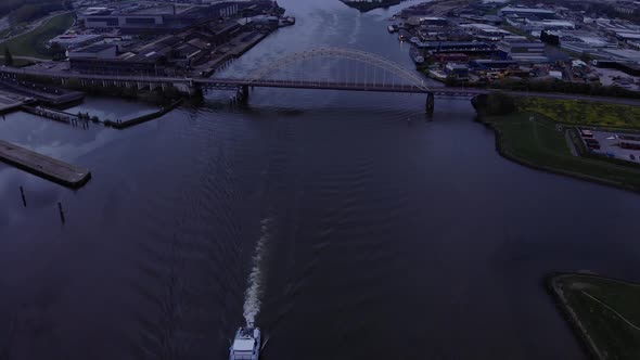 Arch Bridge On The Noord River In South Holland, The Netherlands. aerial